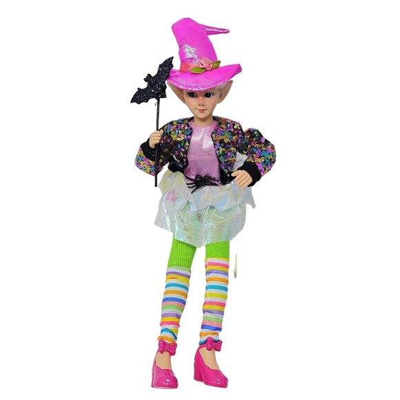 19" Fabric Pink Halloween Positionable Girl Elf  with Spider Witch Hat Wreath At - Picture 1 of 4